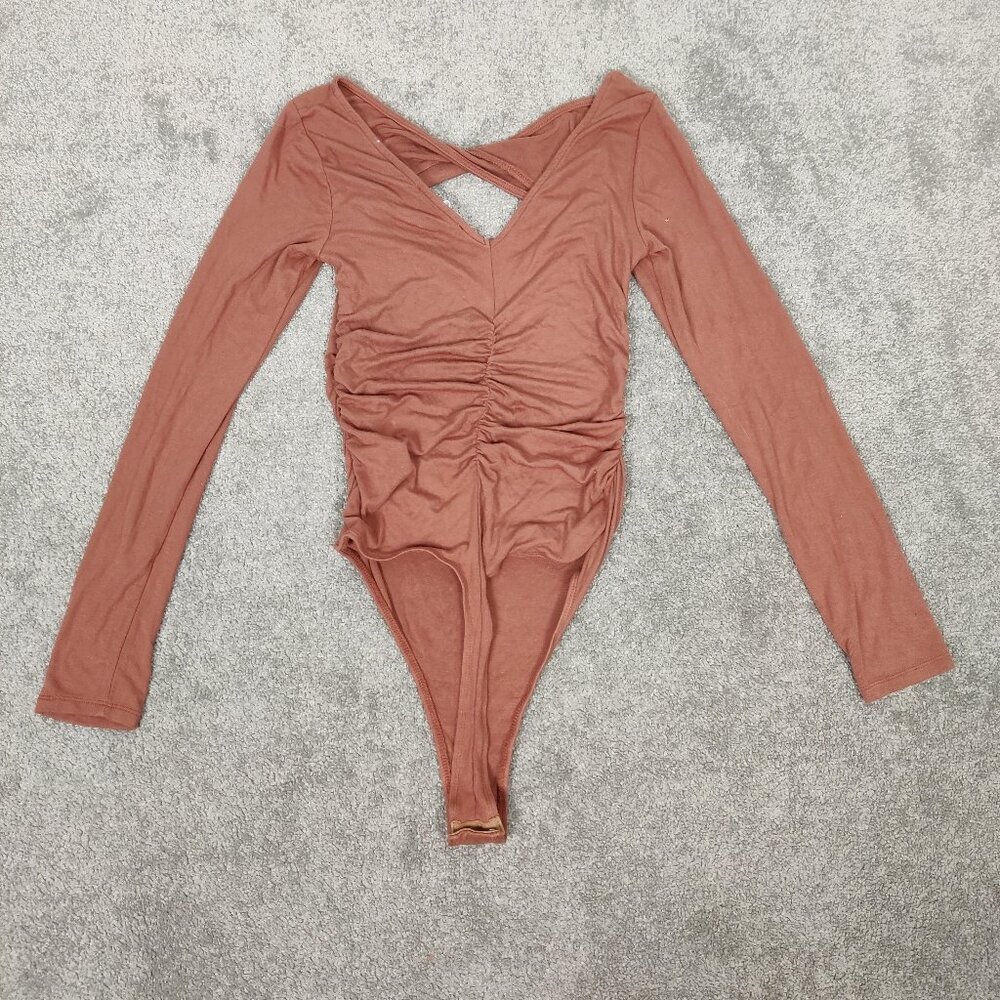 ASTR Women's Bodysuit in Light Brown Size Small Soft Cutout Versatile Comfy